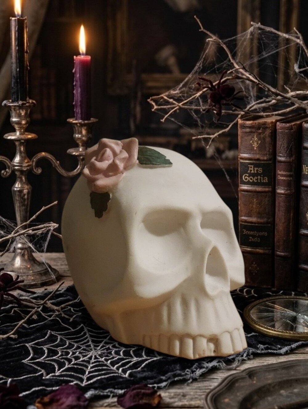 White sugar spooky cute rose flower skull witch ceramic decor